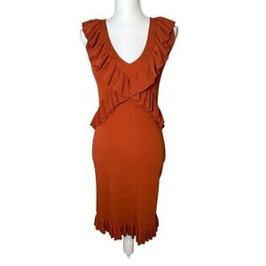 Leon Max limited edition copper orange ruffle sleeveless stretch bodycon dress M